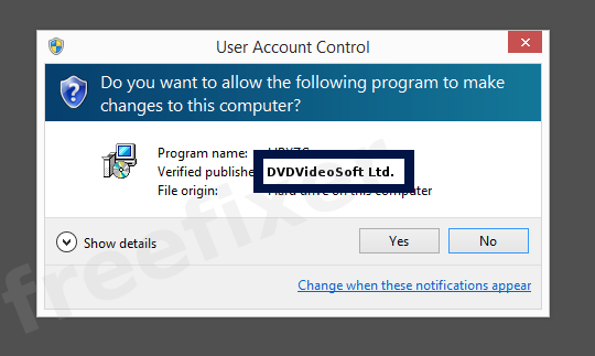 Screenshot where DVDVideoSoft Ltd. appears as the verified publisher in the UAC dialog